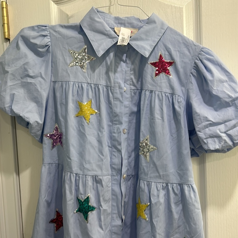 Sequin stars puff sleeve dress
